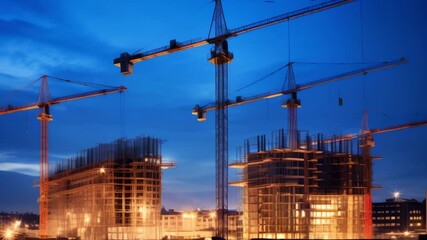 Poster - Construction cranes working on modern buildings during dusk, showcasing the dynamic essence of urban development and progress in a vibrant city skyline filled with potential