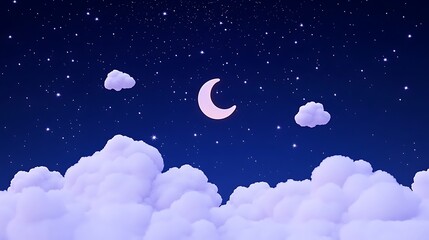 Wall Mural - Dreamy Night Sky with a Bright Moon and Shining Stars Surrounded by Clouds