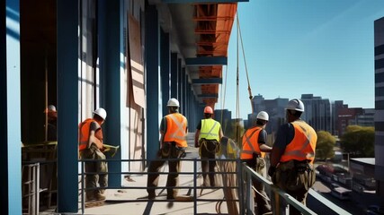 Poster - Construction workers wearing safety vests and helmets are working on a skyscraper on a sunny day, collaborating on a construction project with a cityscape in the background