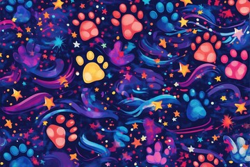 a vibrant pattern of colorful cat paw prints and swirling stars on a dark cosmic background, combini