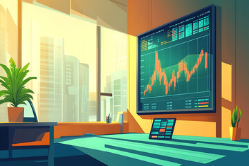Poster - A modern workspace with a financial chart display and city view.