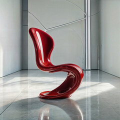 A futuristic chair with a seamless infinity loop design, crafted from polished fiberglass in vibrant red, set against a white background.