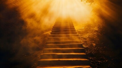Poster - A Mystical Pathway of Light: Sunbeams Illuminate Stone Steps Leading Through a Dreamlike Foggy Landscape in a Serene Natural Setting