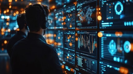 Poster - Person in headset analyzing data on digital screens 