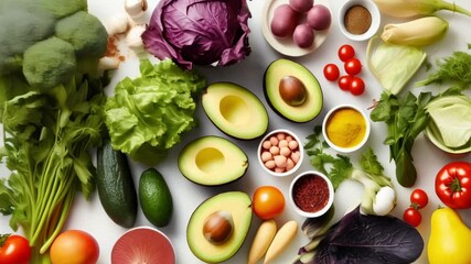Aufkleber - Vibrant produce, including avocados, tomatoes, broccoli, and colorful spices, arranged on a marble surface, promoting a healthy and balanced diet rich in vitamins and nutrients