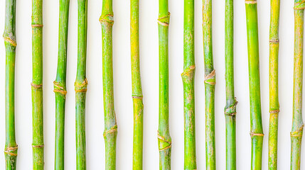 Wall Mural - Fresh green sugarcane stalks isolated on a clean white background, showcasing natural texture and vibrant color