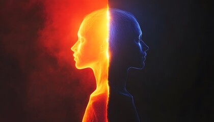Poster - Duality of Human Emotion Represented Through Vibrant Contrast of Light and Shadow in a Split Face Art Concept