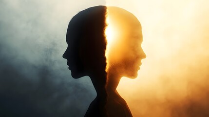 Poster - Duality of Human Emotion: A Captivating Silhouette Portrait Representing the Interplay Between Light and Darkness in the Context of Inner Conflict and Self-Discovery