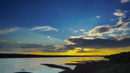 Wall Mural - landscape with river sunset and clouds, timelapse. 4k
