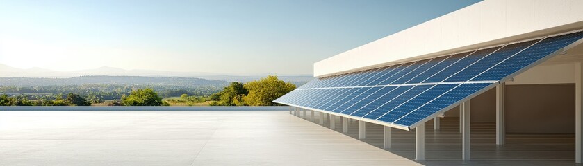 Wall Mural - A modern building featuring solar panels on the roof, surrounded by greenery and clear skies, emphasizing sustainable energy solutions.