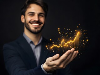 Poster - Confident Businessman Holding a Glowing Graph That Represents Financial Growth and Success in a Professional Setting with Dark Background