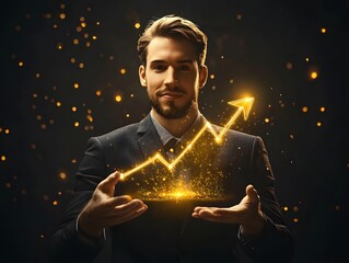 Poster - Professional man in suit presenting glowing upward trend graph with sparkles, symbolizing success, growth, and financial achievement in dark background