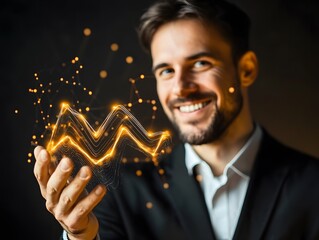Aufkleber - Confident Businessman Holding Financial Growth Graph with Glowing Lines and Dots, Symbolizing Success and Progress in Modern Economy