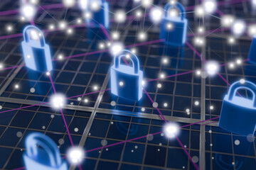 Poster - A digital network featuring glowing padlocks symbolizing cybersecurity and data protection. 3d rendering
