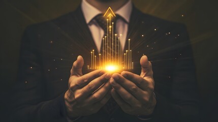 Poster - Business professional holding light with upward arrows symbolizing growth and success in the financial industry, conveying hope and innovation for future opportunities