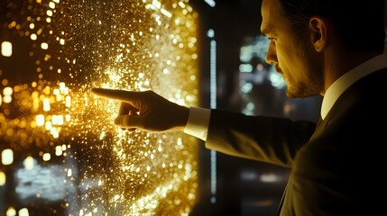 Poster - Businessman Interacting with Digital Data Visualization in a Modern Office, Illuminated by Golden Particles, Showcasing Innovation and Technology in Futuristic Environment
