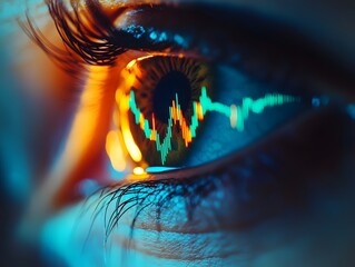 Poster - Close-Up of an Eye Reflecting Vibrant Digital Financial Graph with Colorful Waves and Light Effects, Symbolizing Vision in Data Analysis and Future Insights for Investors
