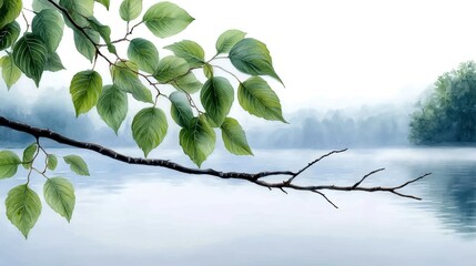 Wall Mural - branch with green leaves over calm water, serene nature scene.