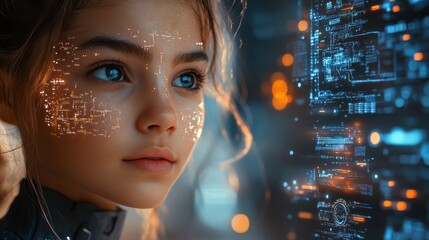 Poster -  futuristic portrait with digital overlays on a young girl 