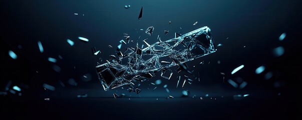 Fototapete - A futuristic, digital representation of a shattered object surrounded by shards, set against a dark background, conveying themes of disruption and technology.