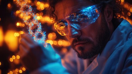 Poster - Scientist examining molecular structure with glowing elements 