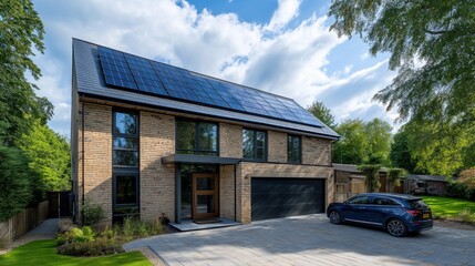 Wall Mural - UK Brick House Featuring Solar Roof and EV Charging