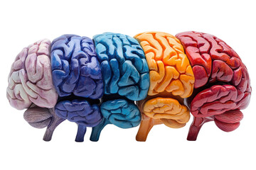 Poster - Colorful representation of a human brain, showcasing various brain regions in vibrant hues, isolated on a white background.