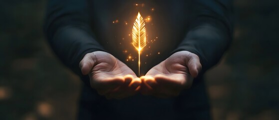 Aufkleber - Hands Holding a Glowing Feather Symbolizing Creativity, Inspiration, and Imagination in a Dark Environment with Magical Sparkles Surrounding It