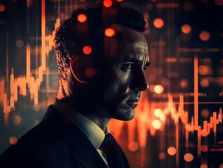Poster - Intense Businessman in Profile Against Abstract Financial Background with Graphs and Data Visualizations Highlighting Market Trends and Investment Strategies