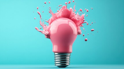 Wall Mural - Pink light bulb splashing liquid against a blue background.