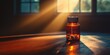 © Stockberry - A powerful image of a single prescription bottle sitting on a wooden table, illuminated by a beam of warm sunlight breaking through a window'