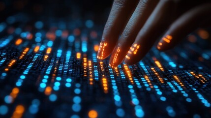 Poster -  hand interacts with glowing data streams 