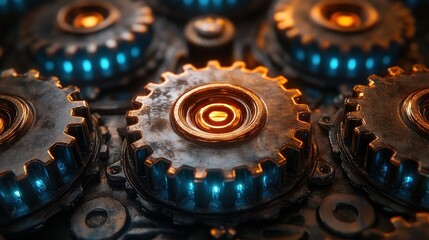 Poster - Closeup of interlocking gears with glowing accents