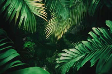 Wall Mural - vibrant tropical palm leaf scenery: close-up view of coconut trees in lush green oasis