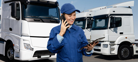 Poster - Female manager with a digital tablet and smartphone on the background of trucks. Fleet management