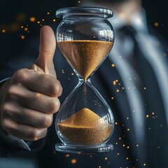 Poster - A Businessman Holding a Transparent Hourglass Symbolizing Time Management and Productivity in a Modern Office Setting with Sparkling Effects and Soft Focus