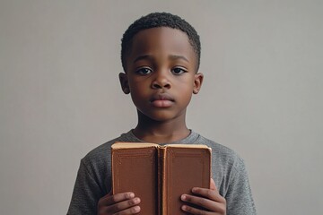 Wall Mural - african american little boy holding opened book on grey background