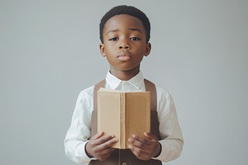 Wall Mural - portrait african american little boy holding opened book on grey background