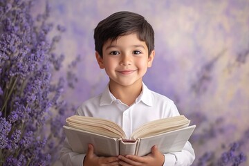 Wall Mural - portrait caucasian little boy in white shirt smiling and holding book surrounded by lavender flowers