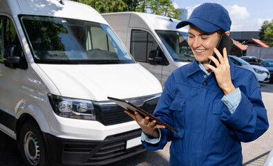Poster - Female manager with a digital tablet and smartphone on the background of vans. Fleet management