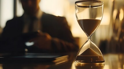 Poster - Elegant hourglass on a reflective surface with a blurred businessman in the background, symbolizing the passage of time and the importance of productivity in a professional environment