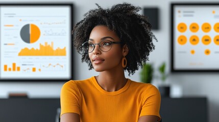 Poster - Professional woman in an office with data visuals