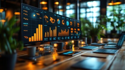 Poster - Modern workspace with data visualization and plants
