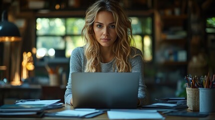 Poster - Woman working on a laptop surrounded by papers
