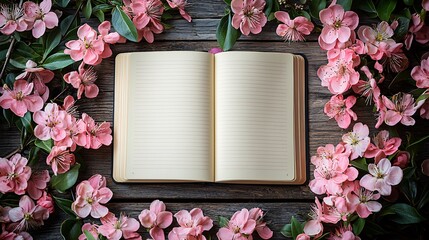 Aufkleber - An open notebook on a minimalist table surrounded by blooming flowers and sunlight Stock Photo with side copy space