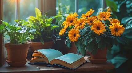 Aufkleber - An open notebook on a minimalist table surrounded by blooming flowers and sunlight Stock Photo with side copy space