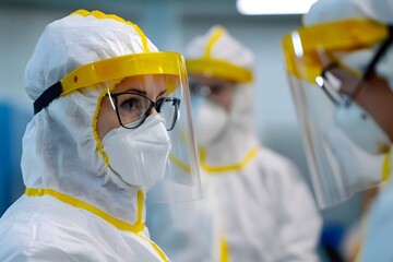 Poster - Healthcare professionals in protective gear working in a laboratory setting, focused on safety precautions while conducting medical research and examinations