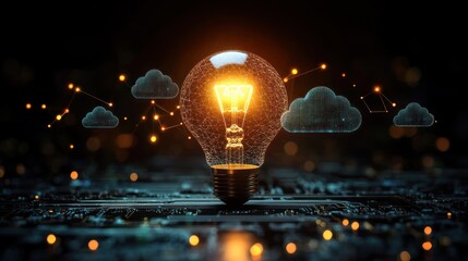 Poster - Light bulb with digital elements and clouds, symbolizing innovation
