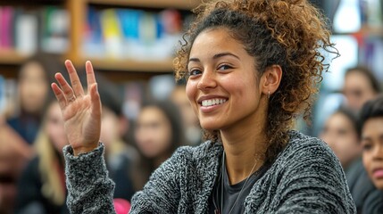 Poster - A dynamic image of a teacher conducting an online lesson with a digital whiteboard Stock Photo with side copy space