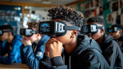Poster - A high school classroom with students using VR headsets to explore historical events Stock Photo with side copy space